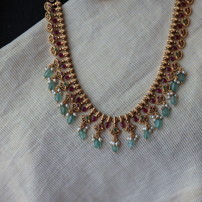 Antique ruby stone green bead long necklace and earrings LL03765