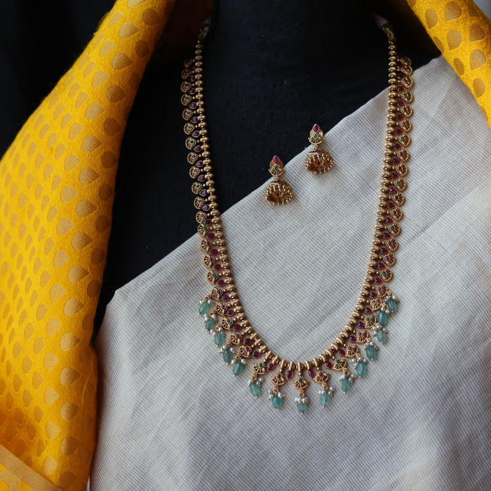 Antique ruby stone green bead long necklace and earrings LL03765