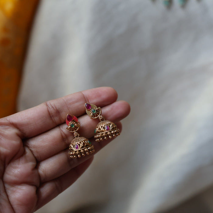 Antique ruby stone green bead long necklace and earrings LL03765