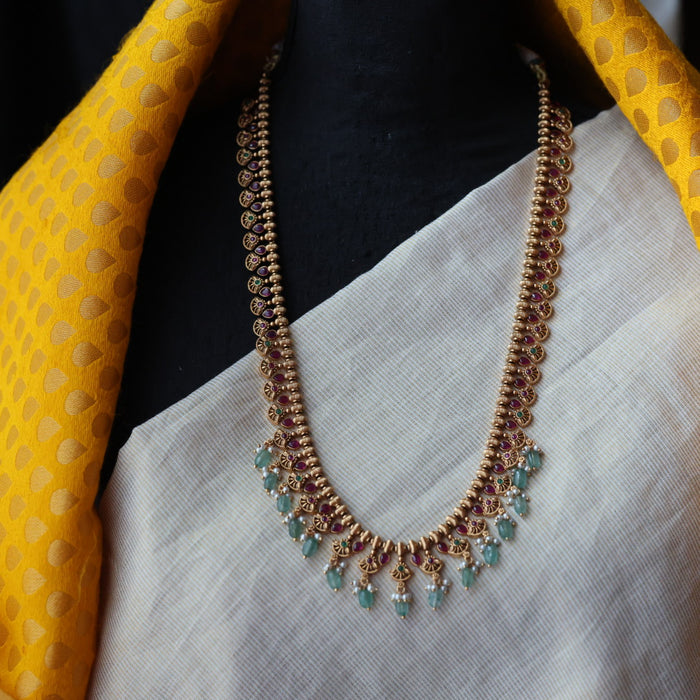 Antique ruby stone green bead long necklace and earrings LL03765