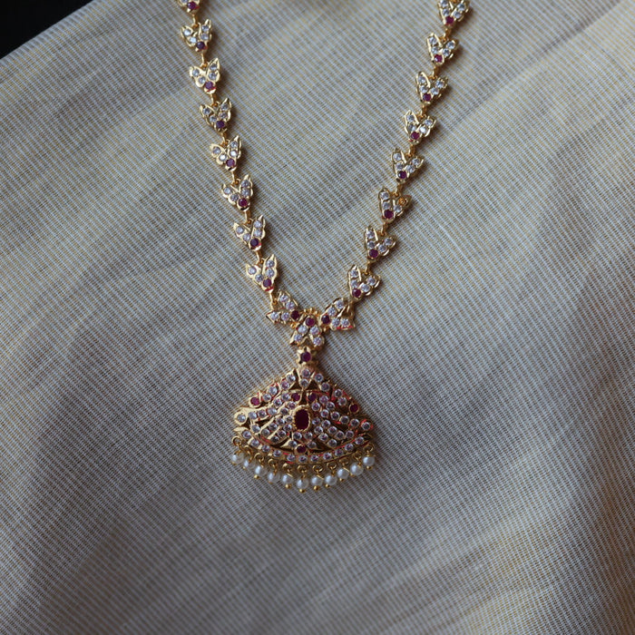 Heritage gold plated ruby white stone long necklace with earrings H1956