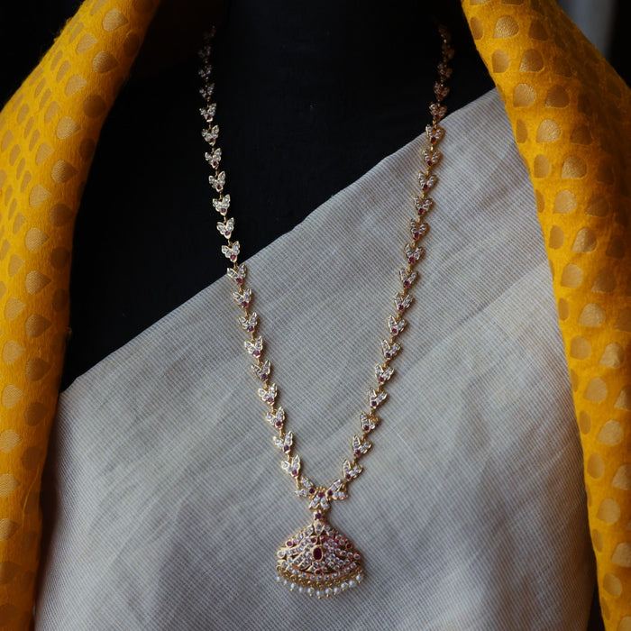 Heritage gold plated ruby white stone long necklace with earrings H1956