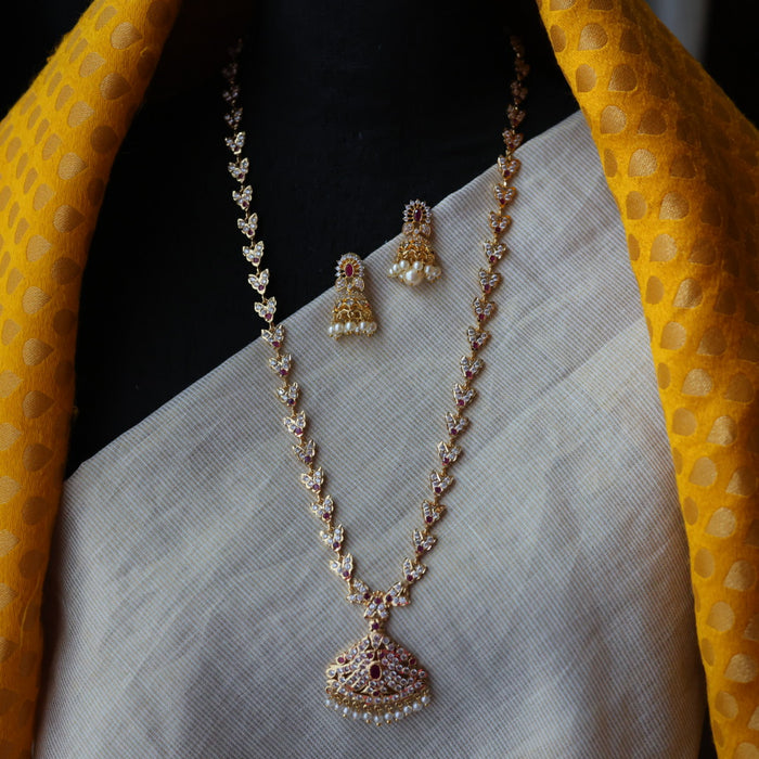 Heritage gold plated ruby white stone long necklace with earrings H1956