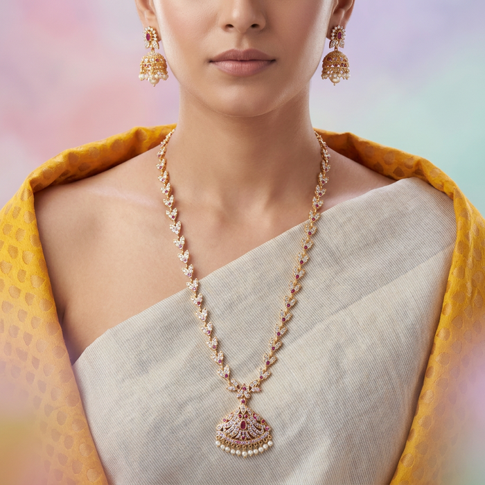 Heritage gold plated ruby white stone long necklace with earrings H1956