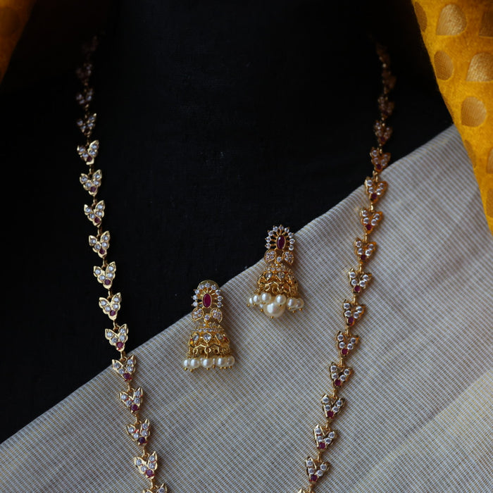 Heritage gold plated ruby white stone long necklace with earrings H1956