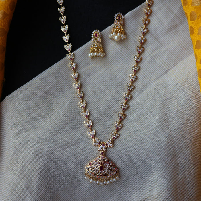 Heritage gold plated ruby white stone long necklace with earrings H1956