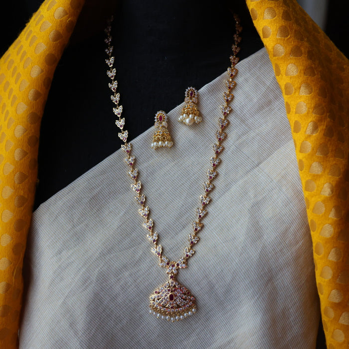 Heritage gold plated ruby white stone long necklace with earrings H1956