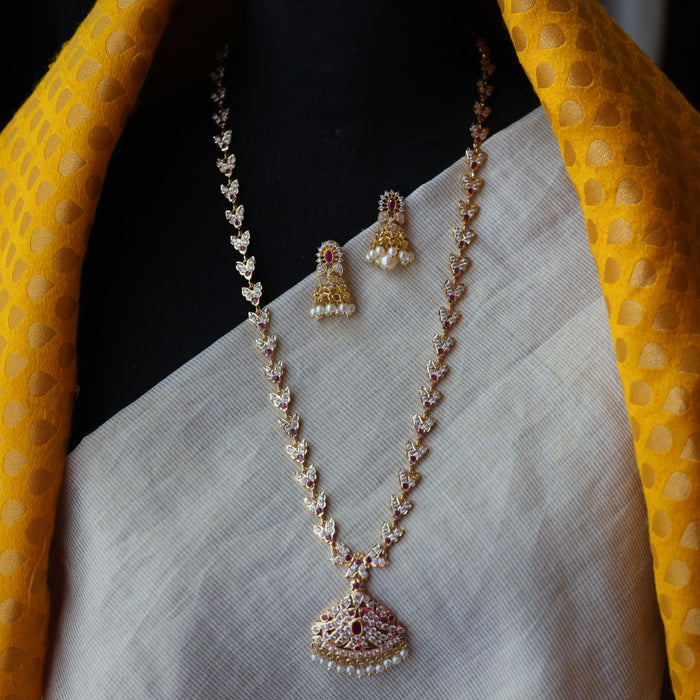 Heritage gold plated ruby white stone long necklace with earrings H1956