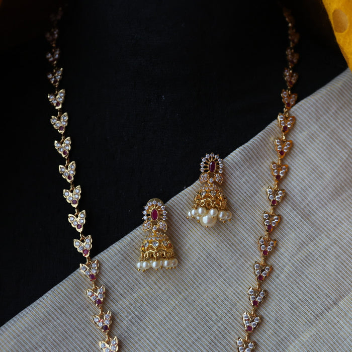 Heritage gold plated ruby white stone long necklace with earrings H1956