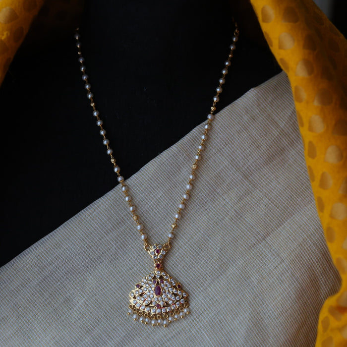 Heritage gold plated ruby white stone pearl short necklace H01955