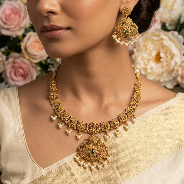 Antique gold short necklace with earrings AG223