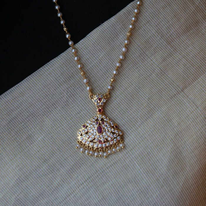 Heritage gold plated ruby white stone pearl short necklace H01955