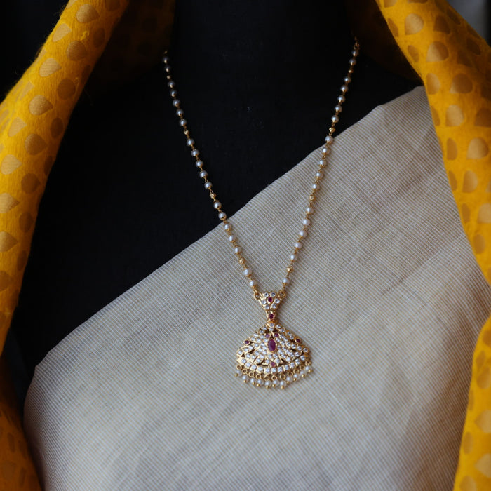 Heritage gold plated ruby white stone pearl short necklace H01955