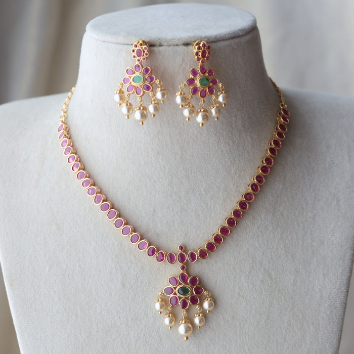 Heritage gold plated ruby stone short necklace necklace with earrings H30122