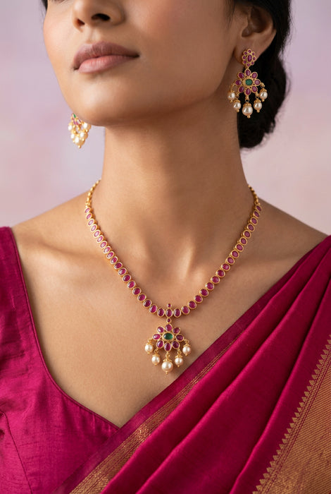 Heritage gold plated ruby stone short necklace necklace with earrings H30122