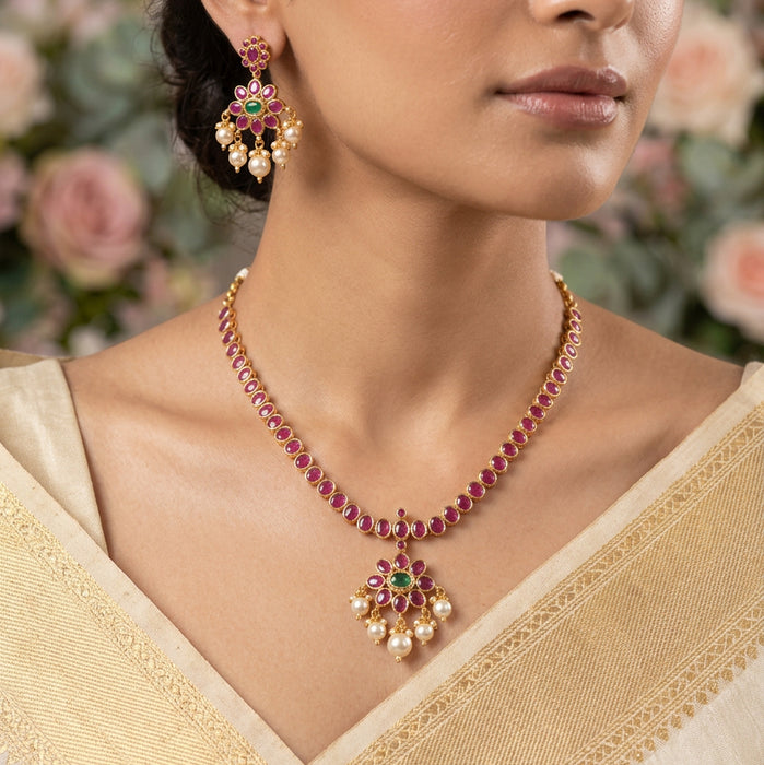 Heritage gold plated ruby stone short necklace necklace with earrings H30122