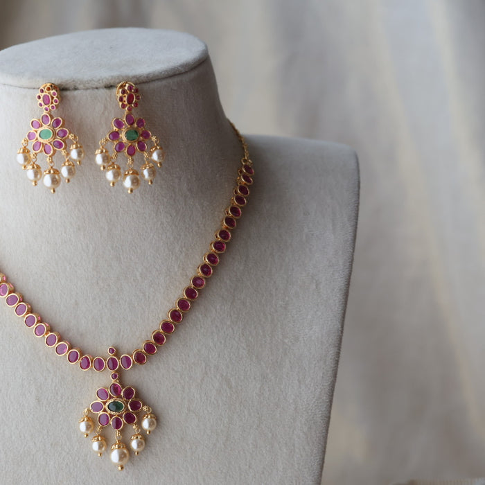 Heritage gold plated ruby stone short necklace necklace with earrings H30122