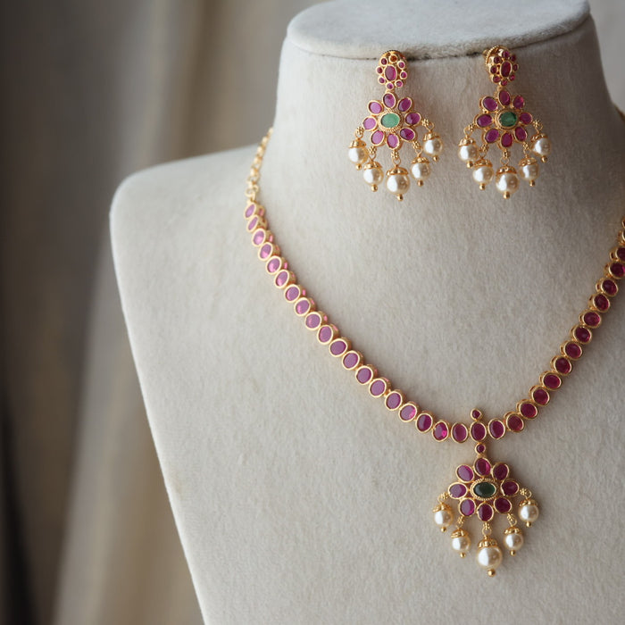 Heritage gold plated ruby stone short necklace necklace with earrings H30122