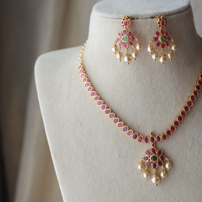 Heritage gold plated ruby stone short necklace necklace with earrings H30122