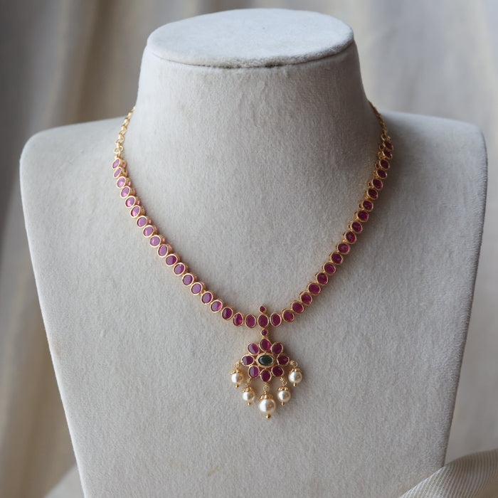 Heritage gold plated ruby stone short necklace necklace with earrings H30122