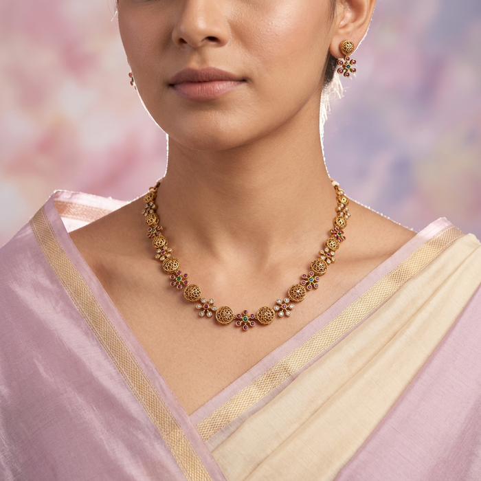 Antique ruby stone short necklace and earrings SS108145