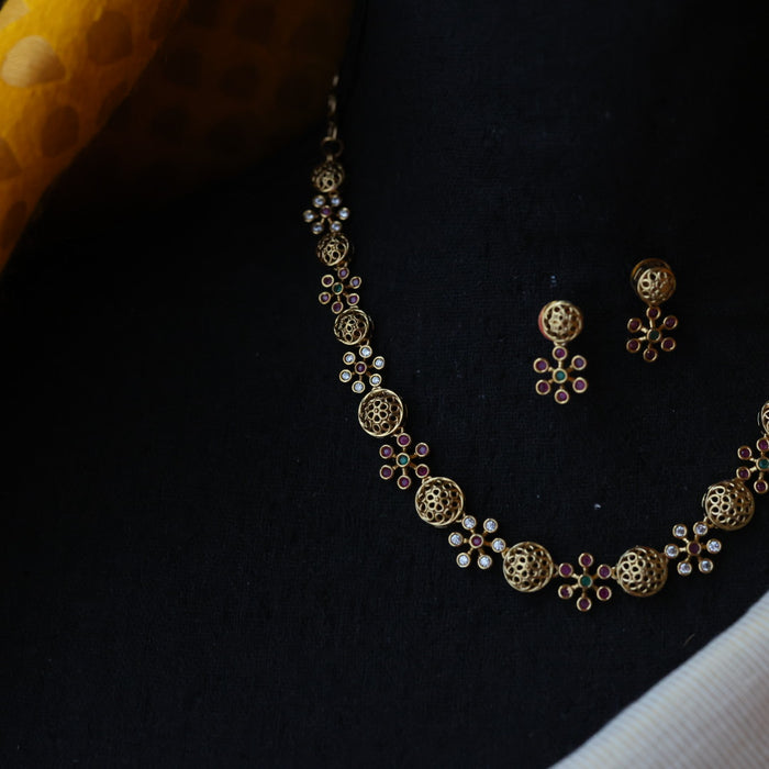 Antique ruby stone short necklace and earrings SS108145