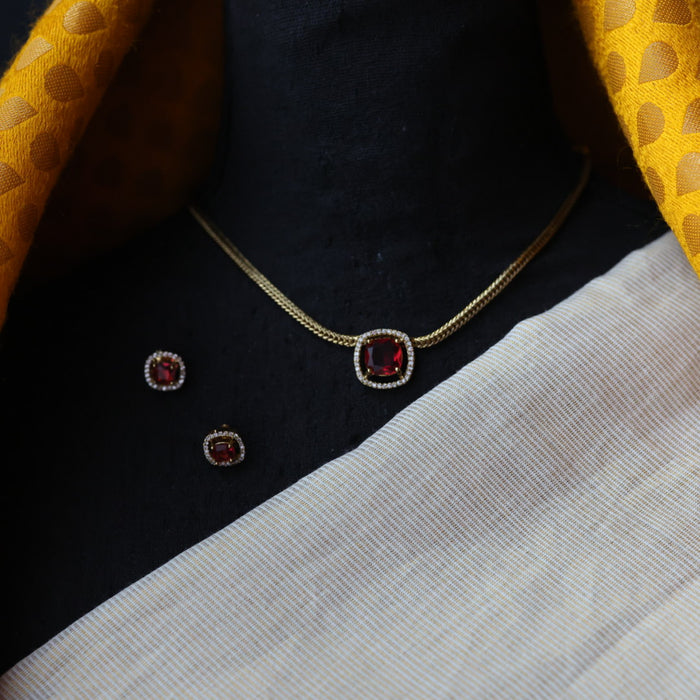 Antique ruby stone short necklace and earrings SS10876