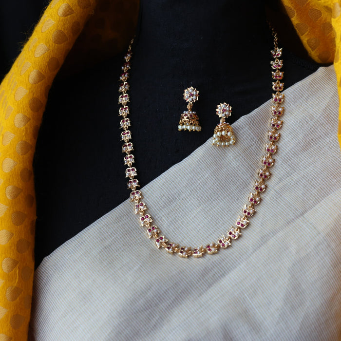 Heritage gold plated ruby white pearl short necklace H3244