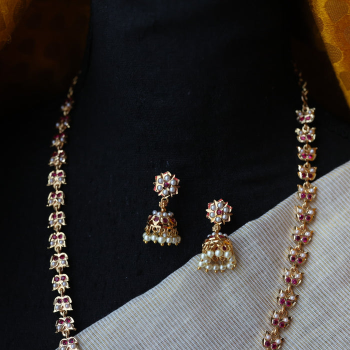 Heritage gold plated ruby white pearl short necklace H3244