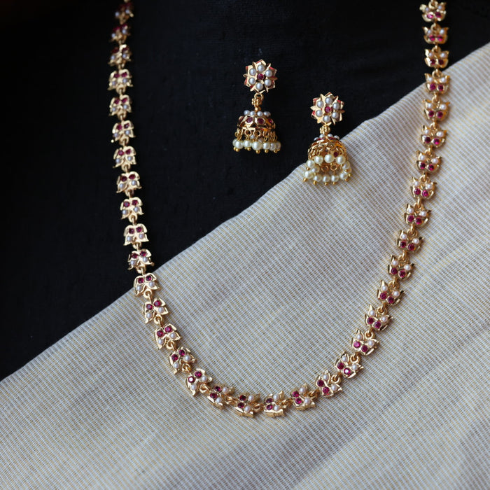 Heritage gold plated ruby white pearl short necklace H3244