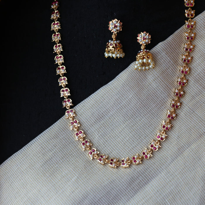 Heritage gold plated ruby white pearl short necklace H3244