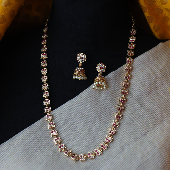 Heritage gold plated ruby white pearl short necklace H3244