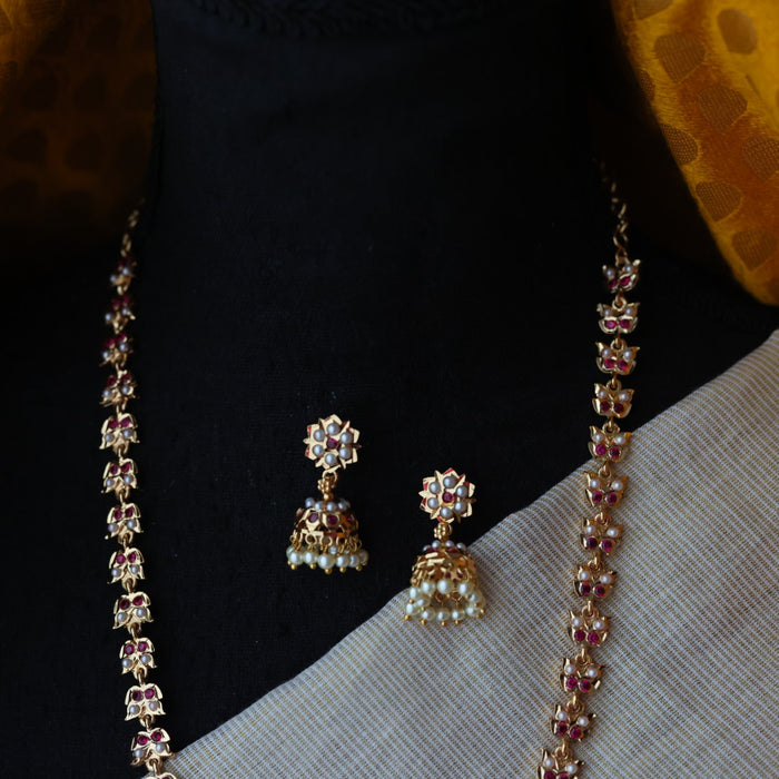 Heritage gold plated ruby white pearl short necklace H3244