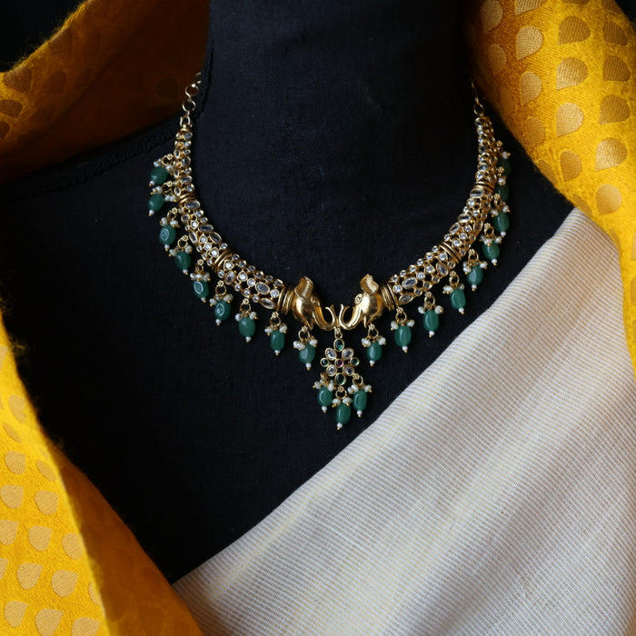Antique green bead short necklace and earrings AG019