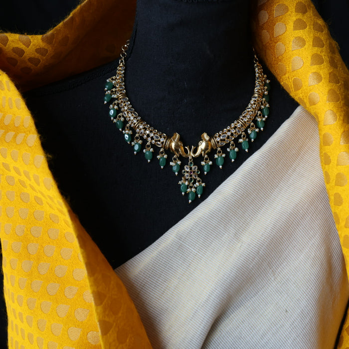 Antique green bead short necklace and earrings AG019