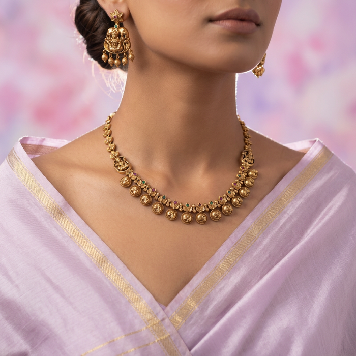Antique coin design short necklace and earrings TTS4677