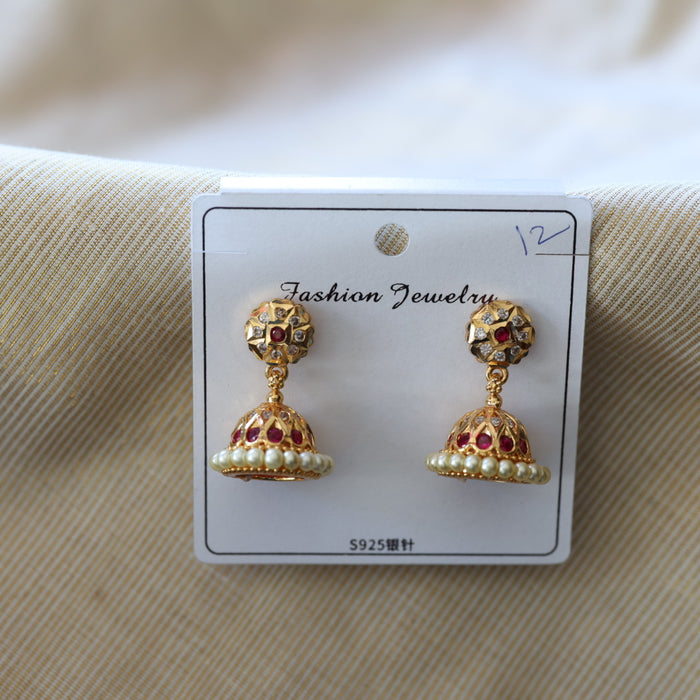 Heritage gold plated ruby white stone jumka earrings HJ047
