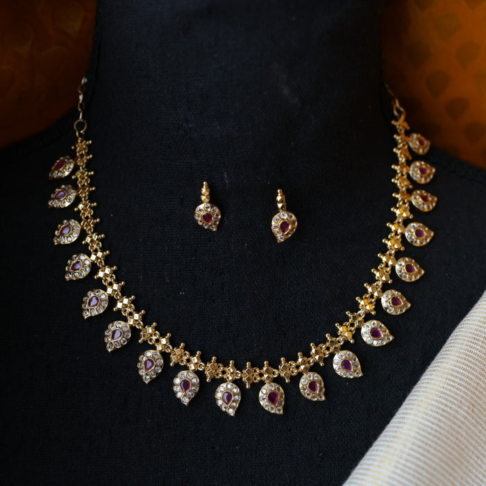 Antique ruby white stone mango design short necklace and earrings TTS4113