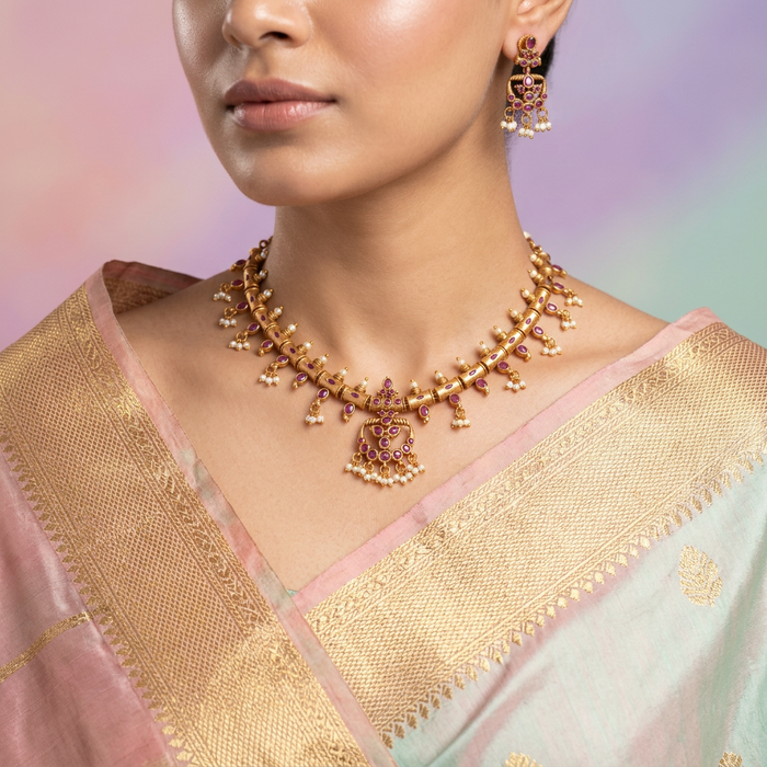Antique pearl short necklace with earrings SS110234