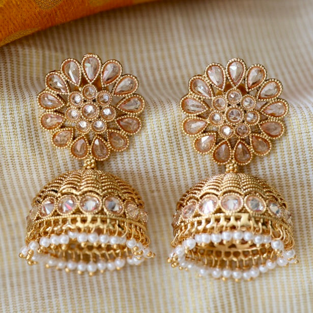 Trendy pearl gold tone jumka earrings TJ049