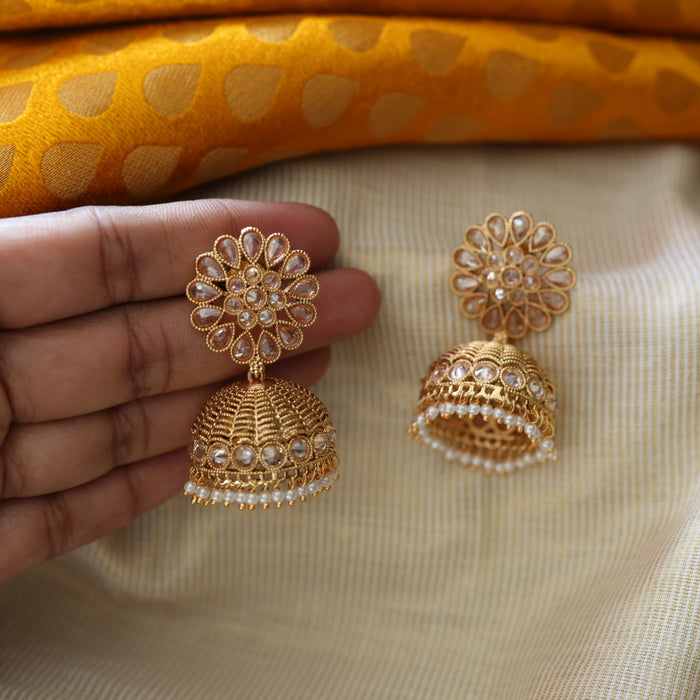 Trendy pearl gold tone jumka earrings TJ049
