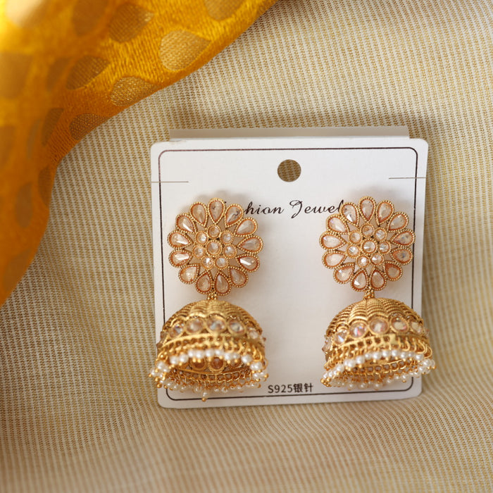 Trendy pearl gold tone jumka earrings TJ049