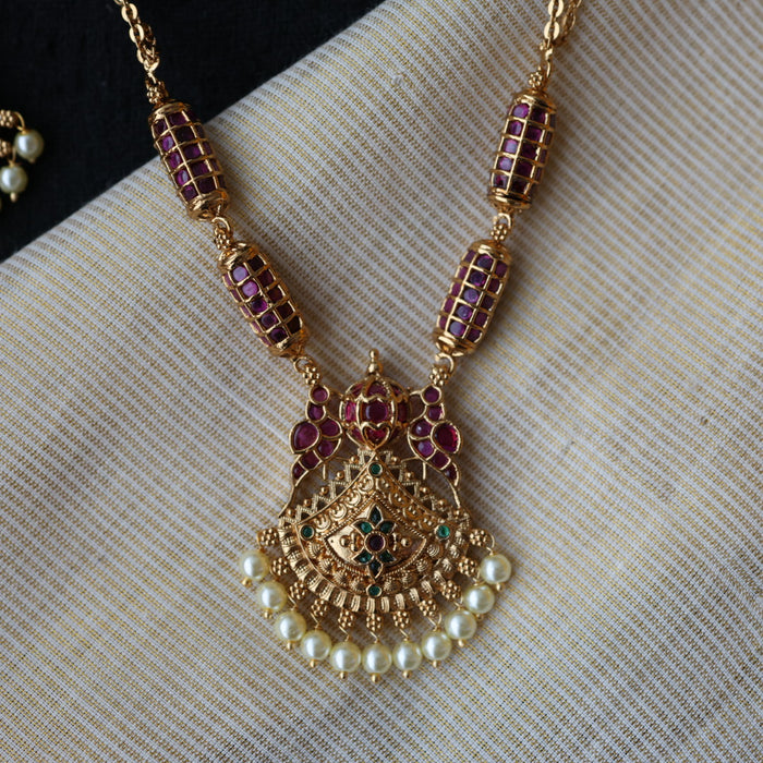 Antique simple ruby stone long necklace and earrings RUB4221