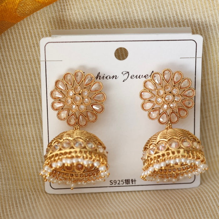 Trendy pearl gold tone jumka earrings TJ049