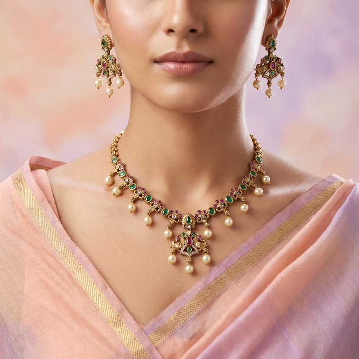 Antique multi stone short necklace with earrings  TTS4380