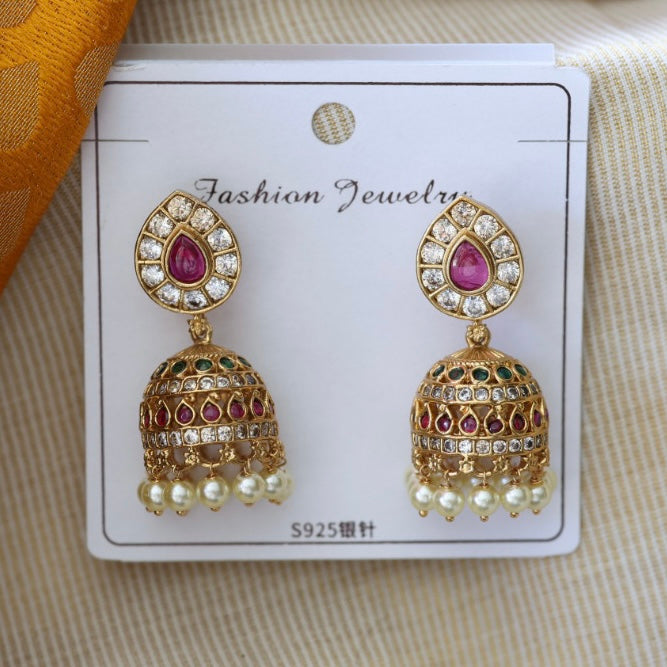 Antique stone and pearls jumka earrings AJ002