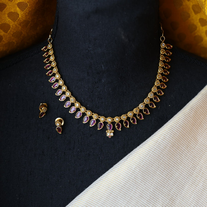 Antique ruby white stone mango design short necklace and earrings TTS4742