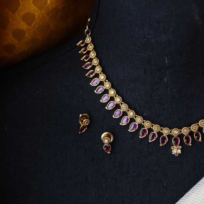 Antique ruby white stone mango design short necklace and earrings TTS4742