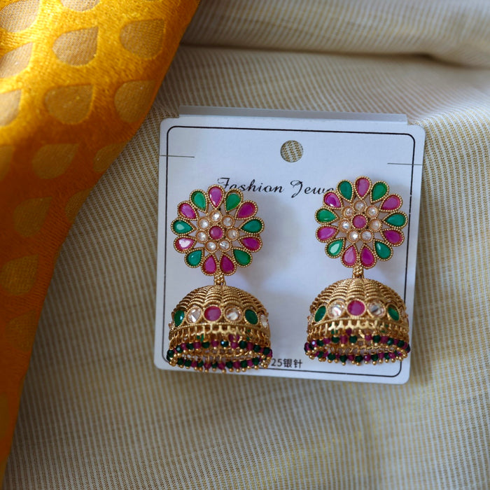 Antique ruby green stone jumka earrings AJI39