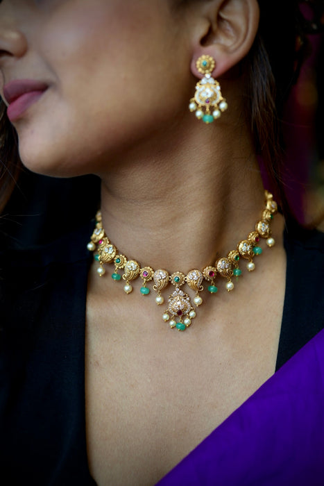 Antique green stone stone choker short necklace with earrings TTS46022